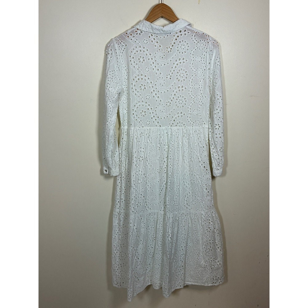 Zara Eyelet Embroidered Tiered Midi Dress Size M White Long Sleeve Bridal Beachy - Picture 2 of 10